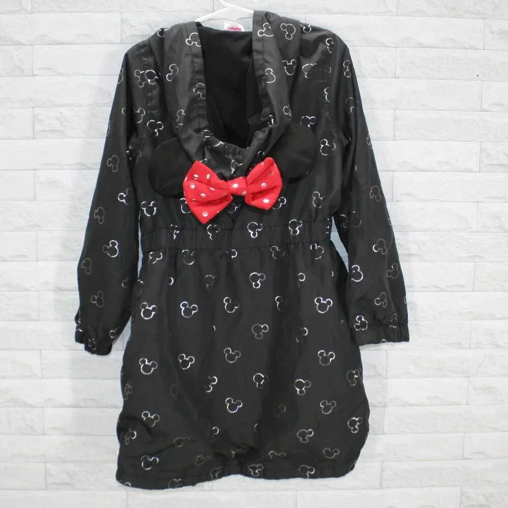 DISNEY Raincoat Kids Minnie Mouse Jacket Hooded Ears Bow Lightweight Black 6